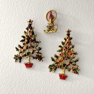 Vintage Christmas Pins Set of 3 Christmas Tree Brooch Candle Stick 60s Enamel